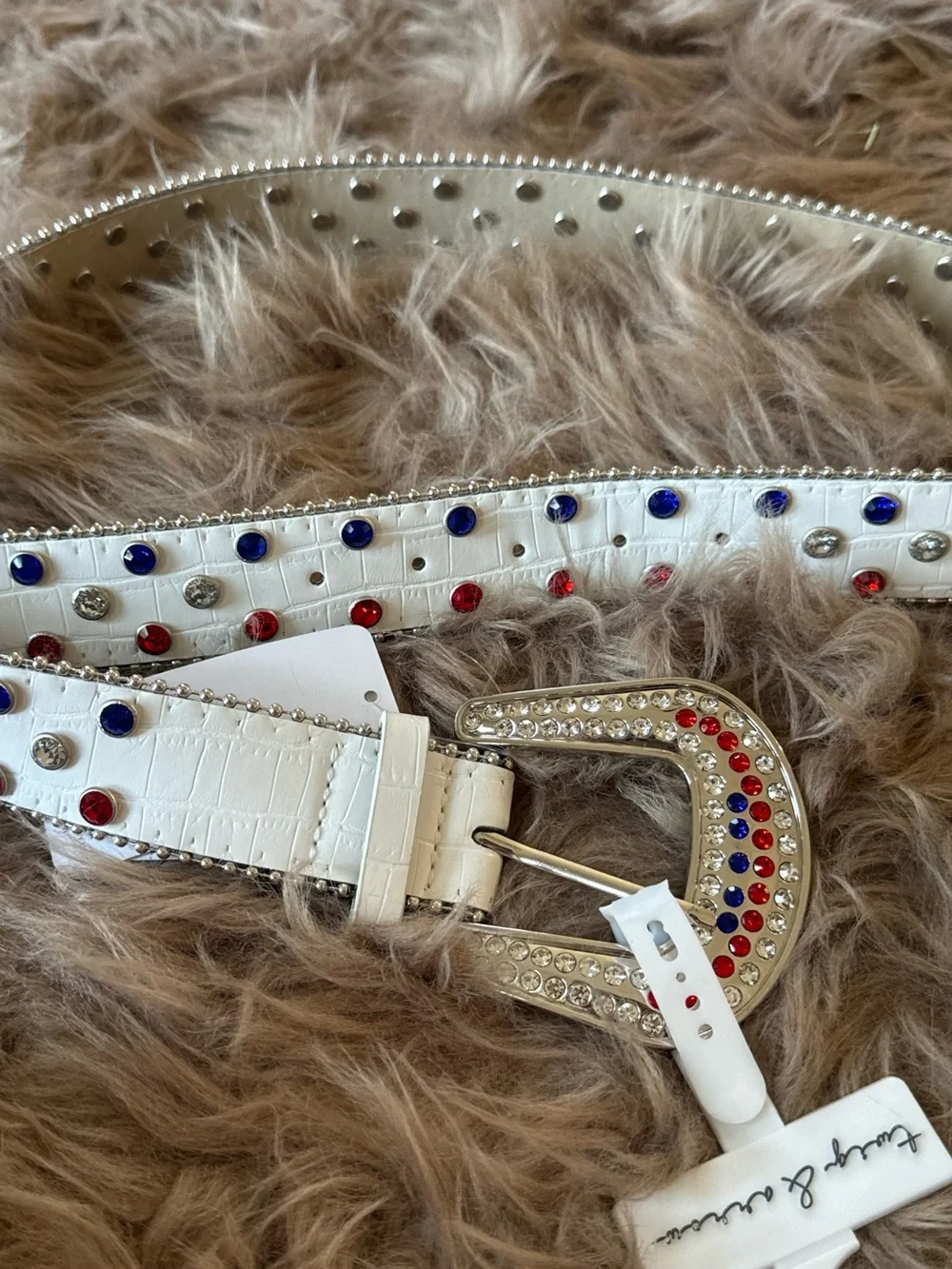 Patriotic belt rhinestones red white blue American flag beautiful chunky buckle